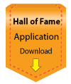A yellow and orange banner with the word " hall of fame ".