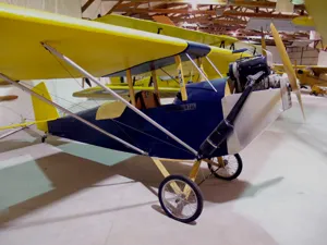 A row of yellow and blue planes on display.