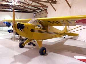 A yellow airplane is parked in an indoor hangar.