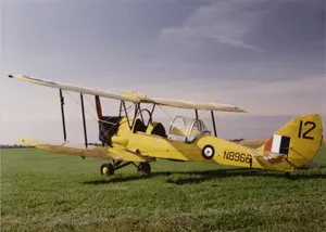 A yellow biplane is sitting in the grass.