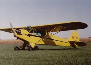 A yellow airplane sitting in the grass.