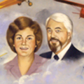 A painting of two people in front of an airplane.